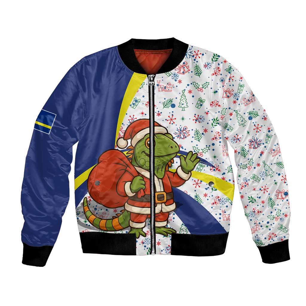 Curacao Christmas Bomber Jacket with Santa Lizard Crown Gifts Snowflakes and Holiday Icons Design - Wonder Print Shop