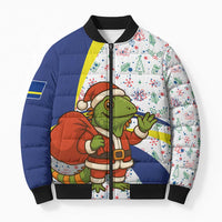 Curacao Christmas Bomber Puffer Jacket with Santa Lizard Crown Gifts Snowflakes and Holiday Icons Design - Wonder Print Shop