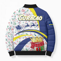 Curacao Christmas Bomber Puffer Jacket with Santa Lizard Crown Gifts Snowflakes and Holiday Icons Design - Wonder Print Shop