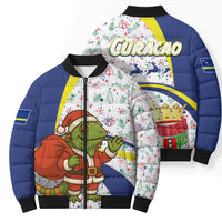 Curacao Christmas Bomber Puffer Jacket with Santa Lizard Crown Gifts Snowflakes and Holiday Icons Design - Wonder Print Shop