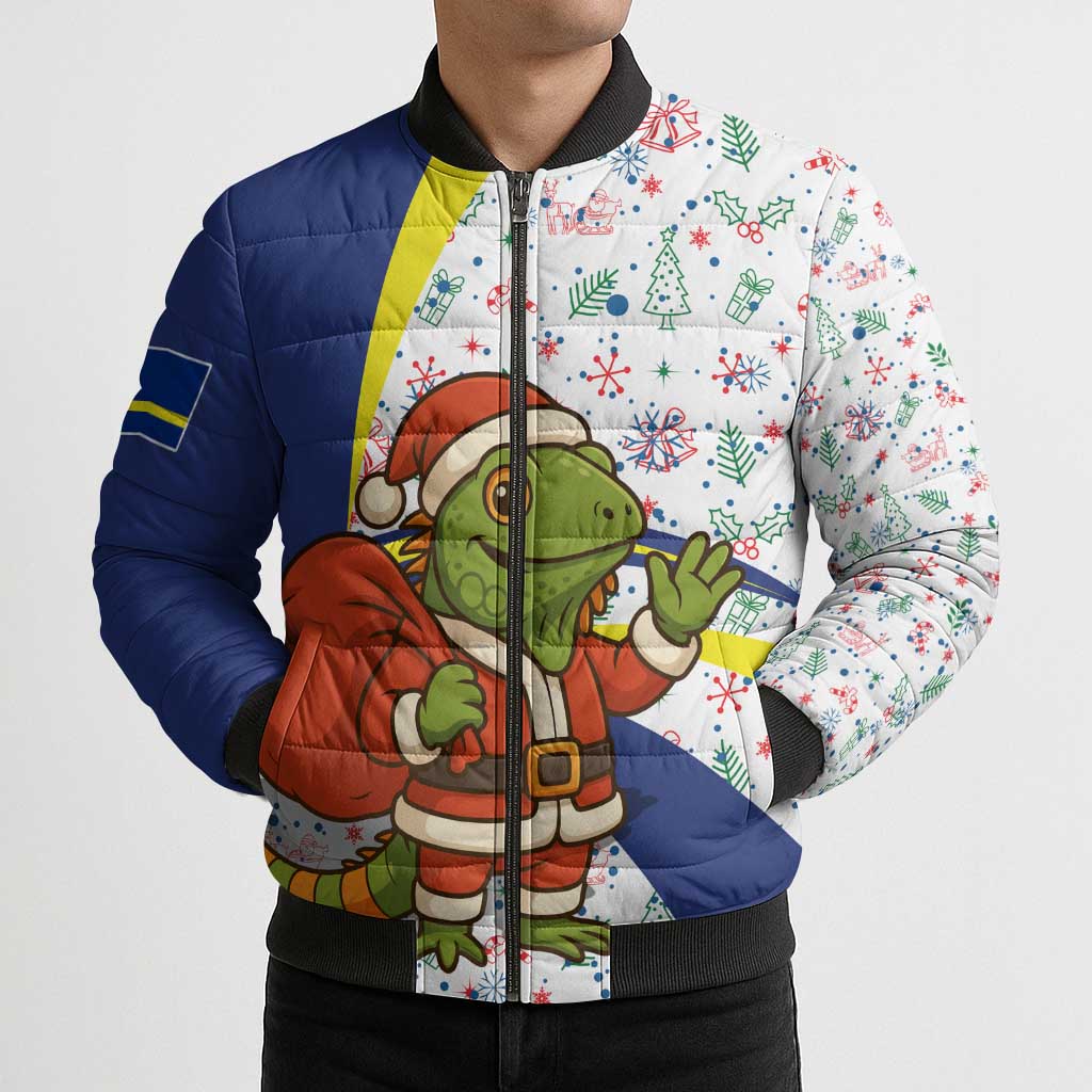 Curacao Christmas Bomber Puffer Jacket with Santa Lizard Crown Gifts Snowflakes and Holiday Icons Design - Wonder Print Shop