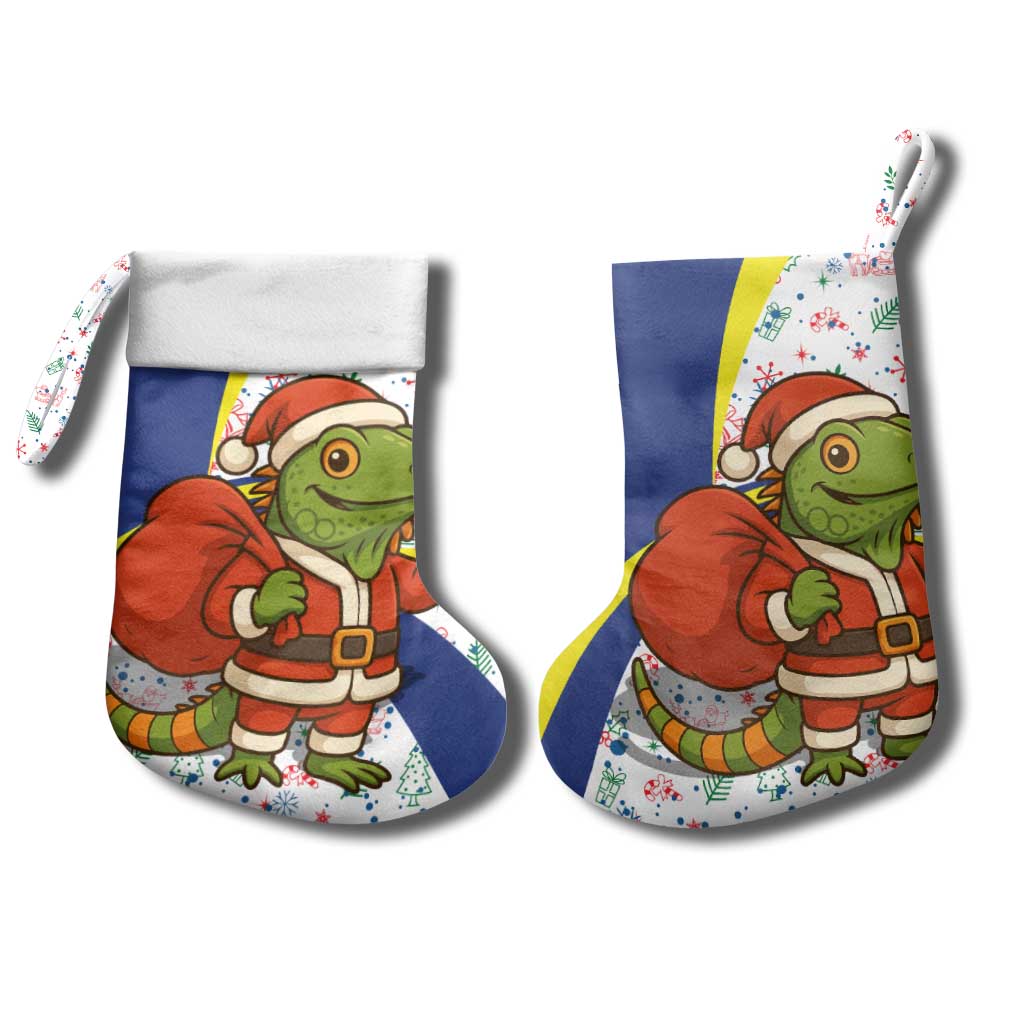 Curacao Christmas Stocking with Santa Lizard Crown Gifts Snowflakes and Holiday Icons Design - Wonder Print Shop