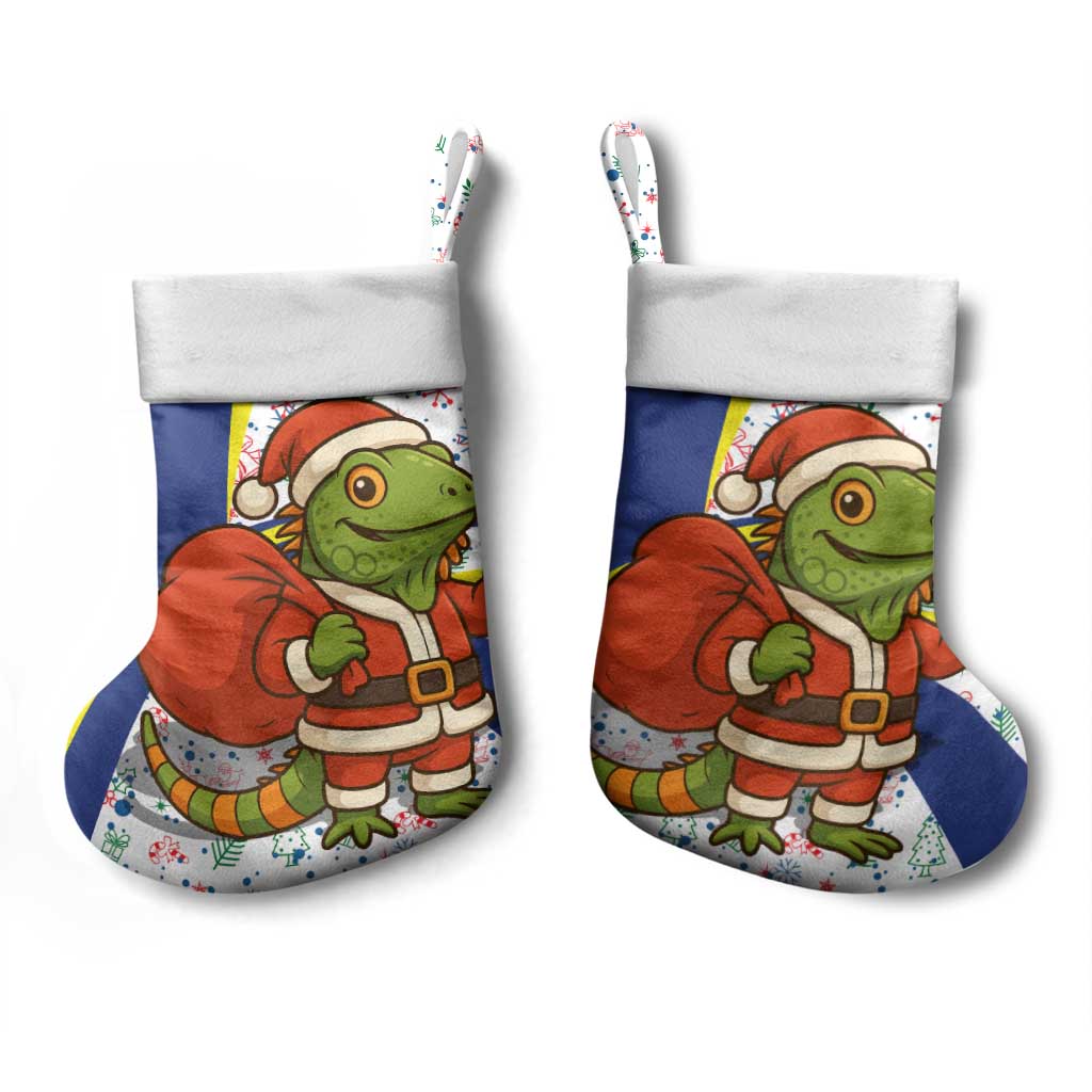 Curacao Christmas Stocking with Santa Lizard Crown Gifts Snowflakes and Holiday Icons Design - Wonder Print Shop