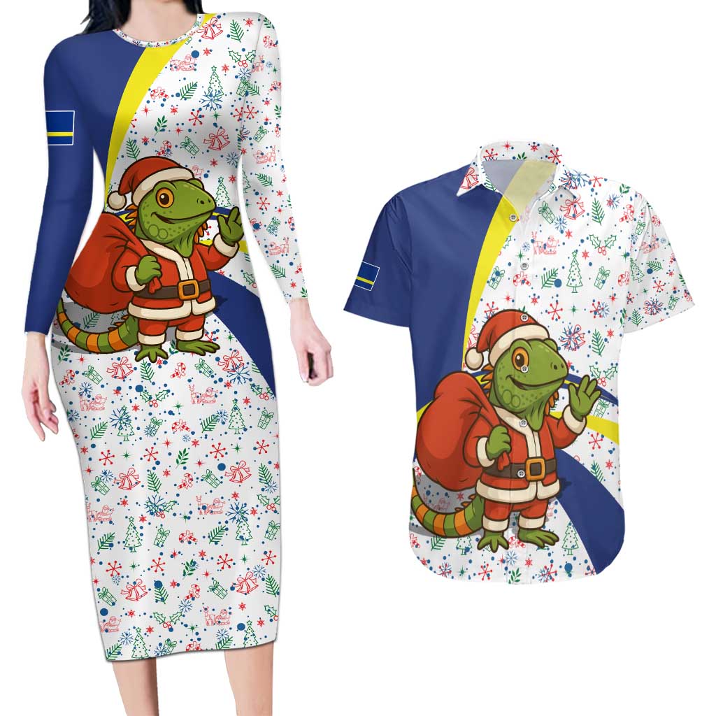 Curacao Christmas Couples Matching Long Sleeve Bodycon Dress and Hawaiian Shirt with Santa Lizard Crown Gifts Snowflakes and Holiday Icons Design - Wonder Print Shop
