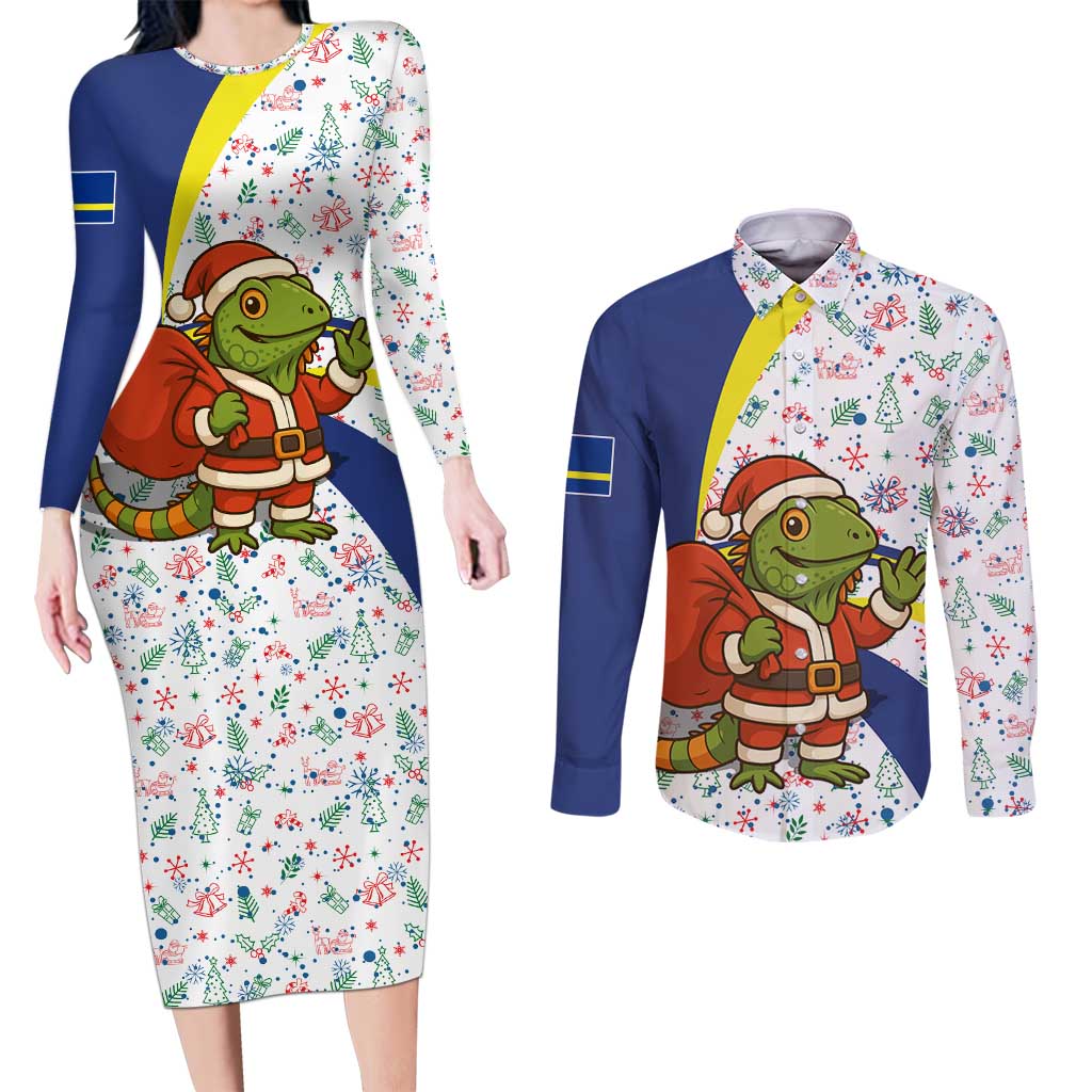 Curacao Christmas Couples Matching Long Sleeve Bodycon Dress and Long Sleeve Button Shirt with Santa Lizard Crown Gifts Snowflakes and Holiday Icons Design - Wonder Print Shop