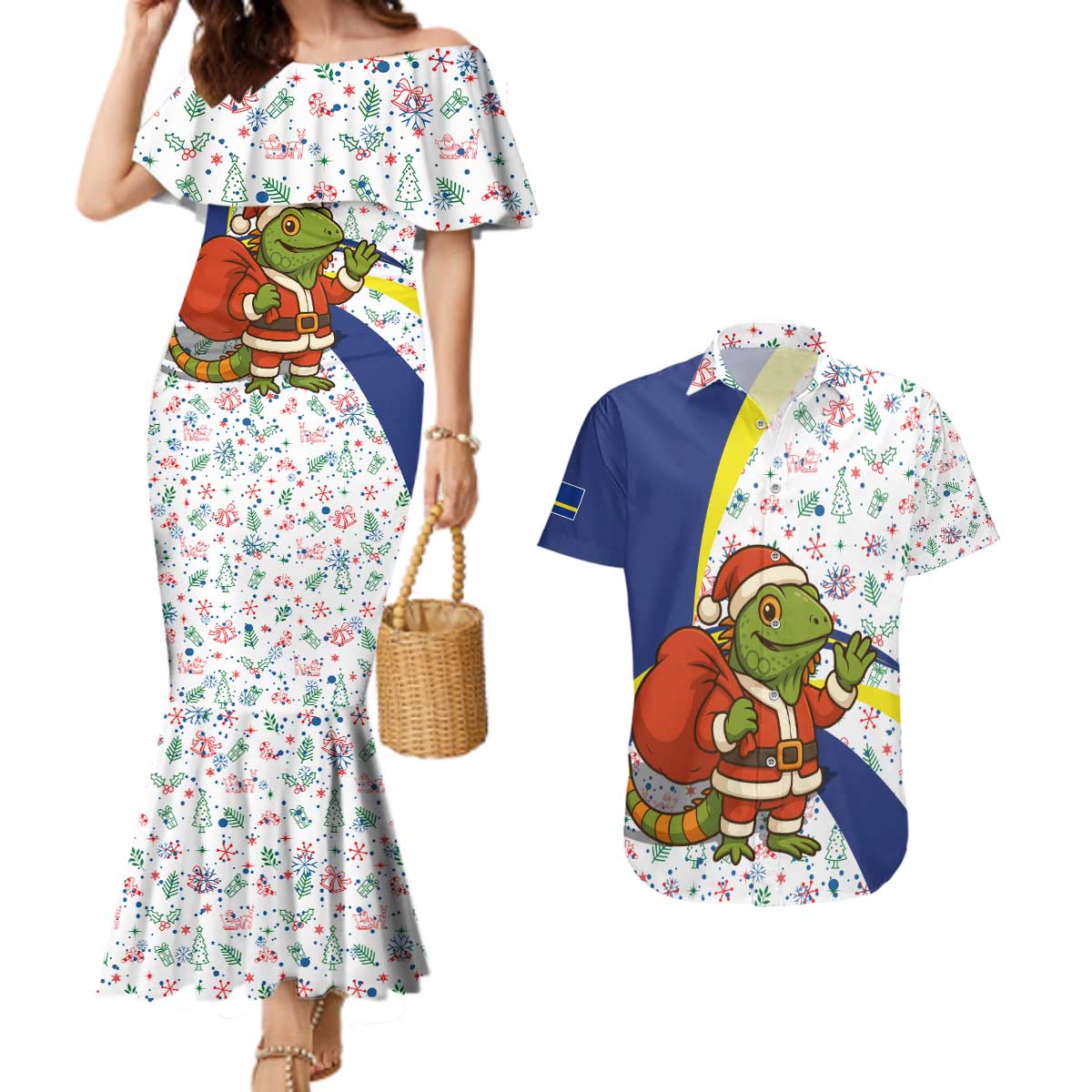 Curacao Christmas Couples Matching Mermaid Dress and Hawaiian Shirt with Santa Lizard Crown Gifts Snowflakes and Holiday Icons Design - Wonder Print Shop