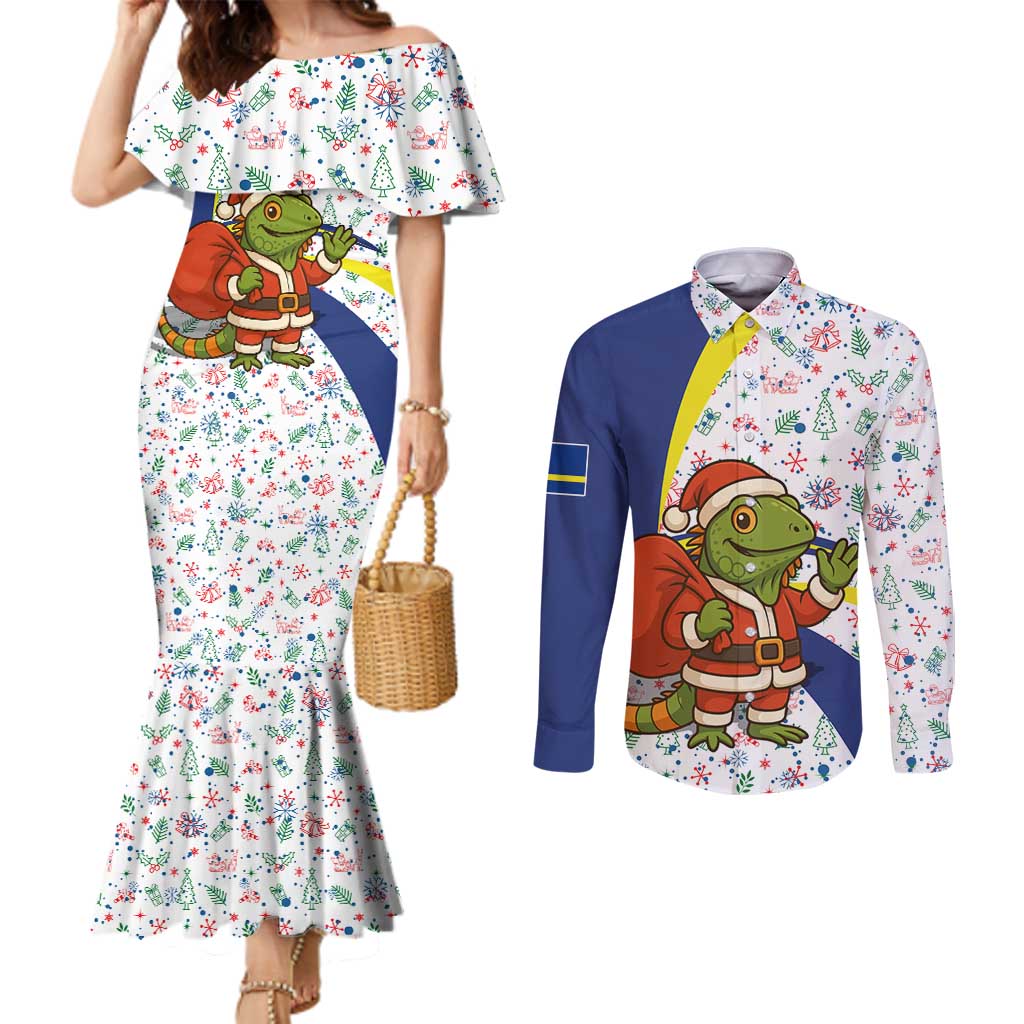Curacao Christmas Couples Matching Mermaid Dress and Long Sleeve Button Shirt with Santa Lizard Crown Gifts Snowflakes and Holiday Icons Design - Wonder Print Shop