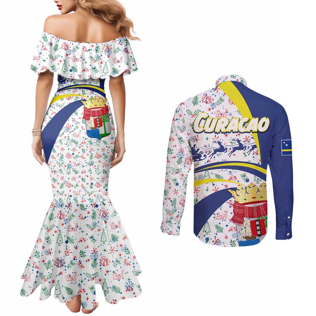 Curacao Christmas Couples Matching Mermaid Dress and Long Sleeve Button Shirt with Santa Lizard Crown Gifts Snowflakes and Holiday Icons Design - Wonder Print Shop