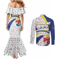 Curacao Christmas Couples Matching Mermaid Dress and Long Sleeve Button Shirt with Santa Lizard Crown Gifts Snowflakes and Holiday Icons Design - Wonder Print Shop