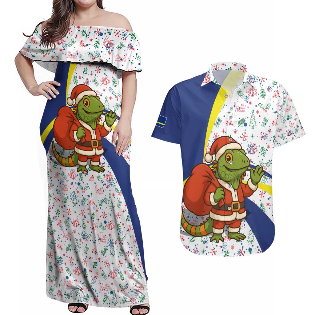 Curacao Christmas Couples Matching Off Shoulder Maxi Dress and Hawaiian Shirt with Santa Lizard Crown Gifts Snowflakes and Holiday Icons Design - Wonder Print Shop