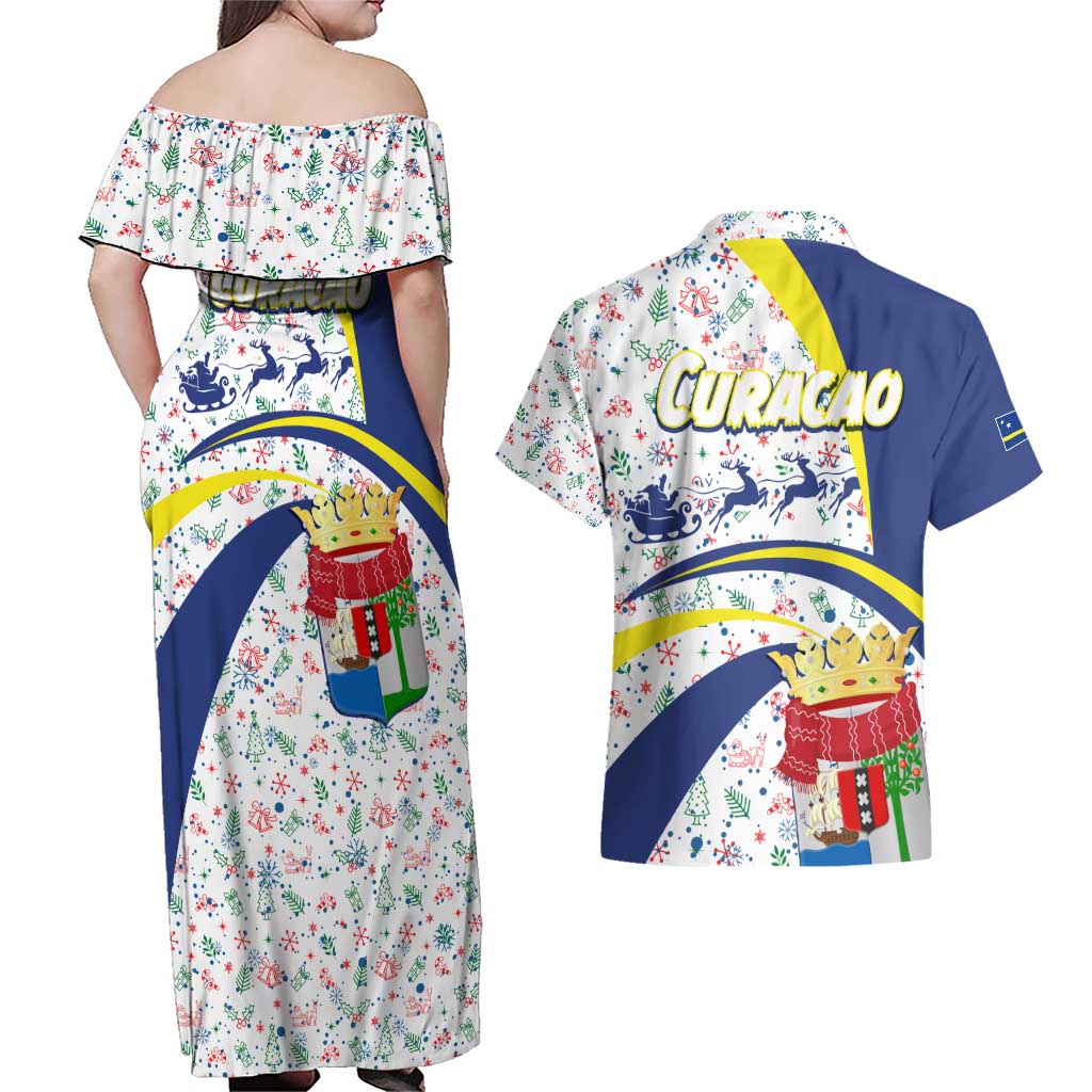 Curacao Christmas Couples Matching Off Shoulder Maxi Dress and Hawaiian Shirt with Santa Lizard Crown Gifts Snowflakes and Holiday Icons Design - Wonder Print Shop