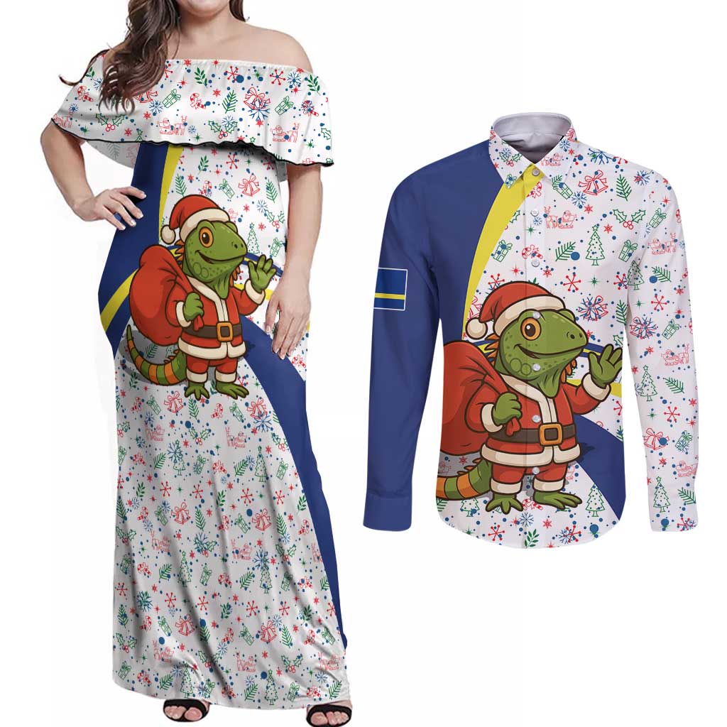 Curacao Christmas Couples Matching Off Shoulder Maxi Dress and Long Sleeve Button Shirt with Santa Lizard Crown Gifts Snowflakes and Holiday Icons Design - Wonder Print Shop