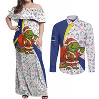 Curacao Christmas Couples Matching Off Shoulder Maxi Dress and Long Sleeve Button Shirt with Santa Lizard Crown Gifts Snowflakes and Holiday Icons Design - Wonder Print Shop