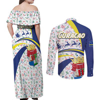 Curacao Christmas Couples Matching Off Shoulder Maxi Dress and Long Sleeve Button Shirt with Santa Lizard Crown Gifts Snowflakes and Holiday Icons Design - Wonder Print Shop