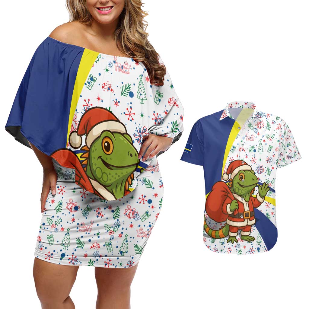 Curacao Christmas Couples Matching Off Shoulder Short Dress and Hawaiian Shirt with Santa Lizard Crown Gifts Snowflakes and Holiday Icons Design - Wonder Print Shop