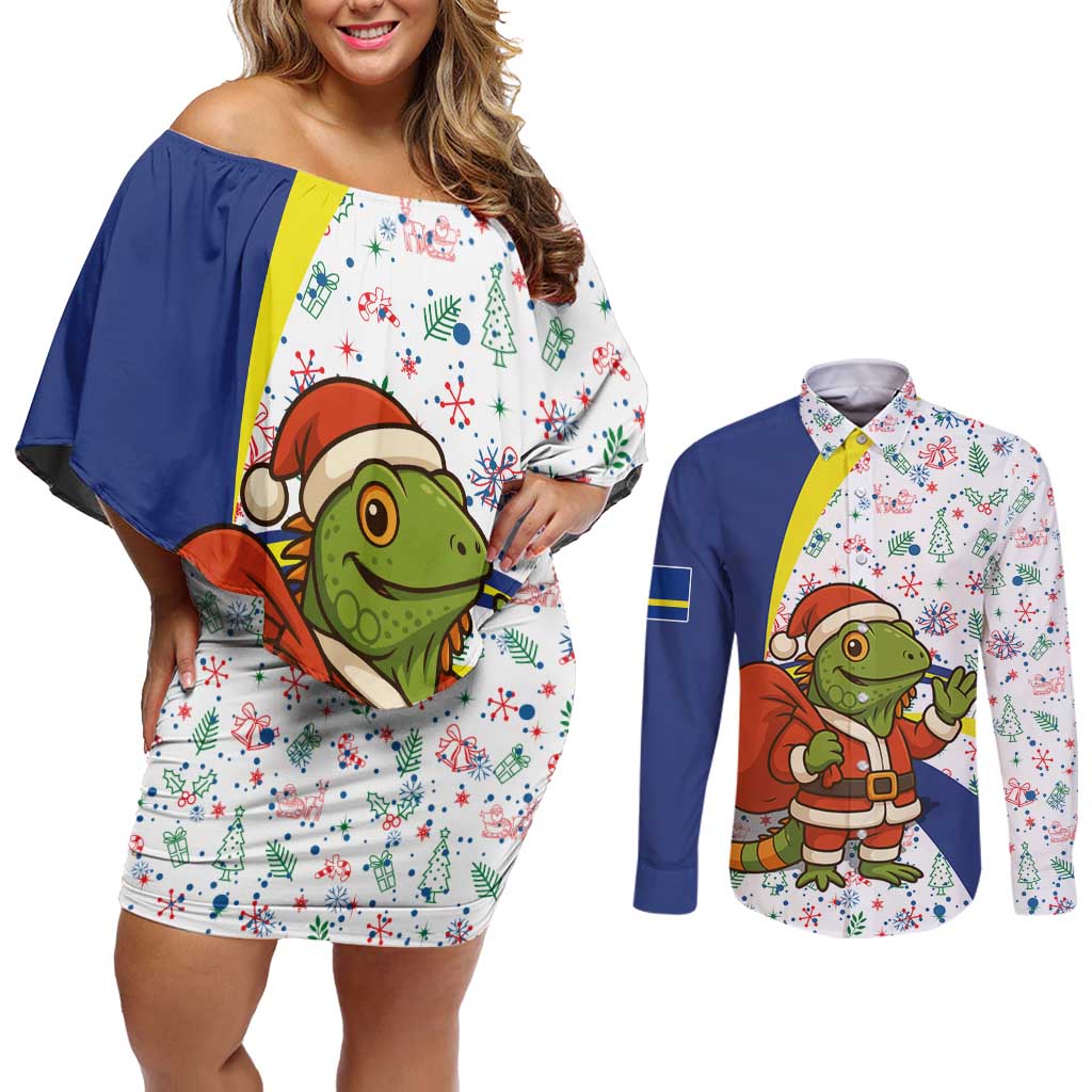 Curacao Christmas Couples Matching Off Shoulder Short Dress and Long Sleeve Button Shirt with Santa Lizard Crown Gifts Snowflakes and Holiday Icons Design - Wonder Print Shop
