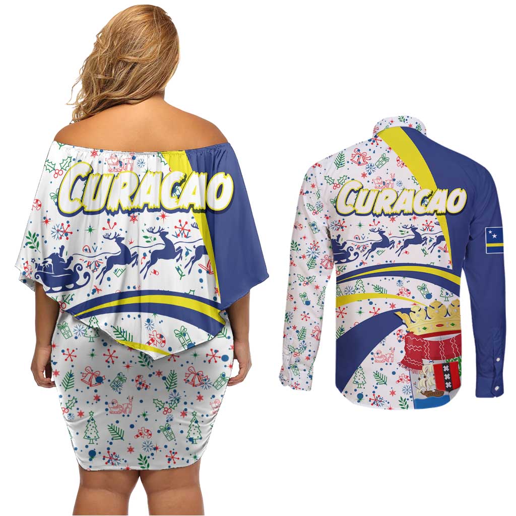Curacao Christmas Couples Matching Off Shoulder Short Dress and Long Sleeve Button Shirt with Santa Lizard Crown Gifts Snowflakes and Holiday Icons Design - Wonder Print Shop