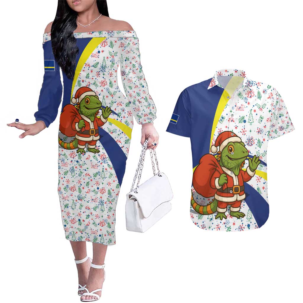 Curacao Christmas Couples Matching Off The Shoulder Long Sleeve Dress and Hawaiian Shirt with Santa Lizard Crown Gifts Snowflakes and Holiday Icons Design - Wonder Print Shop