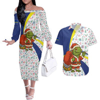 Curacao Christmas Couples Matching Off The Shoulder Long Sleeve Dress and Hawaiian Shirt with Santa Lizard Crown Gifts Snowflakes and Holiday Icons Design - Wonder Print Shop