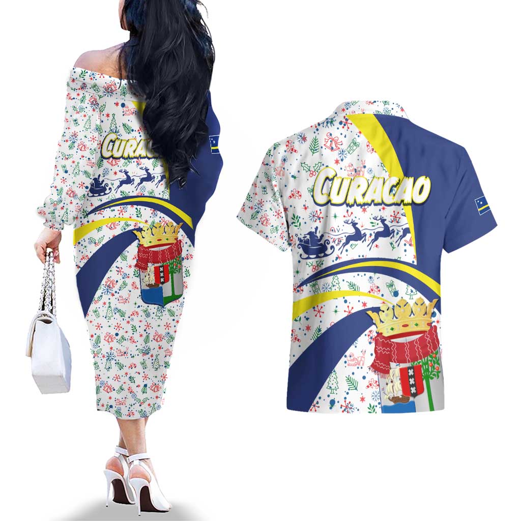 Curacao Christmas Couples Matching Off The Shoulder Long Sleeve Dress and Hawaiian Shirt with Santa Lizard Crown Gifts Snowflakes and Holiday Icons Design - Wonder Print Shop