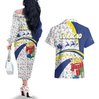 Curacao Christmas Couples Matching Off The Shoulder Long Sleeve Dress and Hawaiian Shirt with Santa Lizard Crown Gifts Snowflakes and Holiday Icons Design - Wonder Print Shop