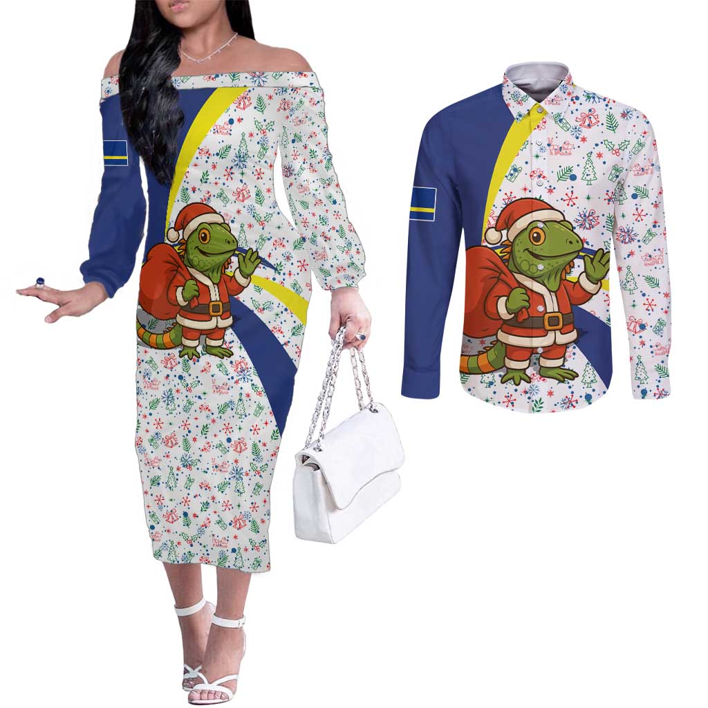 Curacao Christmas Couples Matching Off The Shoulder Long Sleeve Dress and Long Sleeve Button Shirt with Santa Lizard Crown Gifts Snowflakes and Holiday Icons Design - Wonder Print Shop