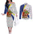 Curacao Christmas Couples Matching Off The Shoulder Long Sleeve Dress and Long Sleeve Button Shirt with Santa Lizard Crown Gifts Snowflakes and Holiday Icons Design - Wonder Print Shop