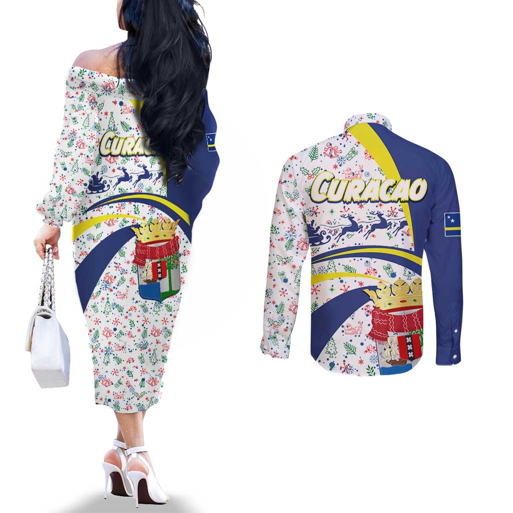 Curacao Christmas Couples Matching Off The Shoulder Long Sleeve Dress and Long Sleeve Button Shirt with Santa Lizard Crown Gifts Snowflakes and Holiday Icons Design - Wonder Print Shop
