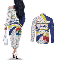 Curacao Christmas Couples Matching Off The Shoulder Long Sleeve Dress and Long Sleeve Button Shirt with Santa Lizard Crown Gifts Snowflakes and Holiday Icons Design - Wonder Print Shop