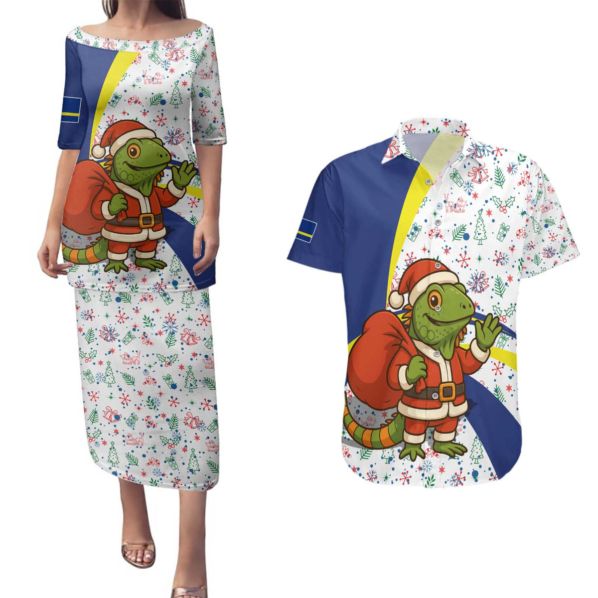 Curacao Christmas Couples Matching Puletasi and Hawaiian Shirt with Santa Lizard Crown Gifts Snowflakes and Holiday Icons Design - Wonder Print Shop