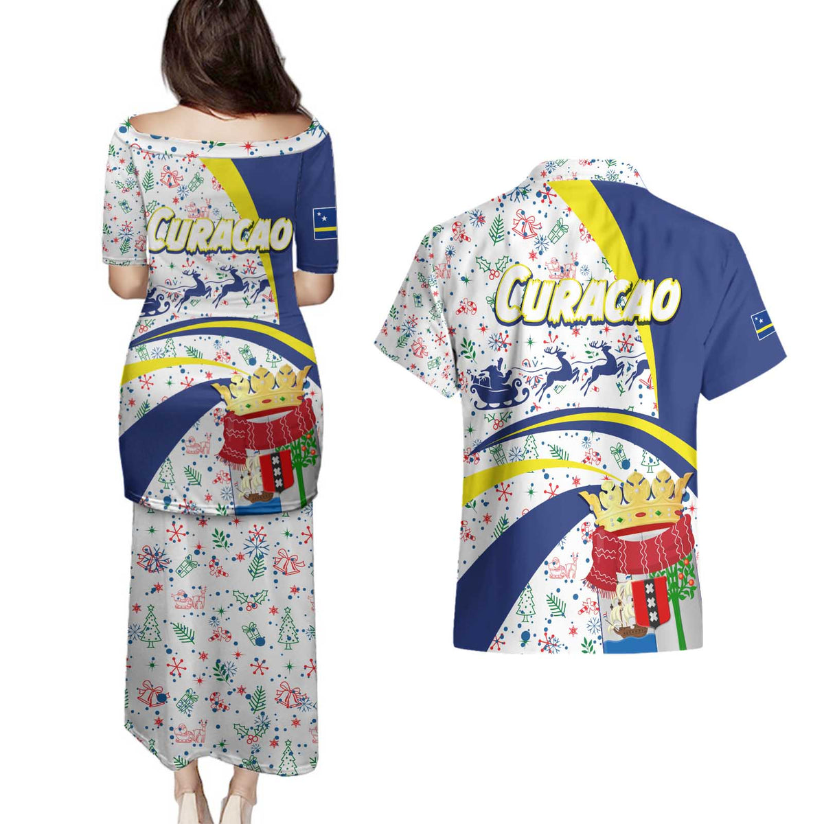 Curacao Christmas Couples Matching Puletasi and Hawaiian Shirt with Santa Lizard Crown Gifts Snowflakes and Holiday Icons Design - Wonder Print Shop