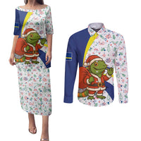 Curacao Christmas Couples Matching Puletasi and Long Sleeve Button Shirt with Santa Lizard Crown Gifts Snowflakes and Holiday Icons Design - Wonder Print Shop