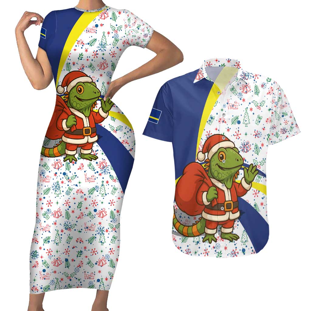 Curacao Christmas Couples Matching Short Sleeve Bodycon Dress and Hawaiian Shirt with Santa Lizard Crown Gifts Snowflakes and Holiday Icons Design - Wonder Print Shop