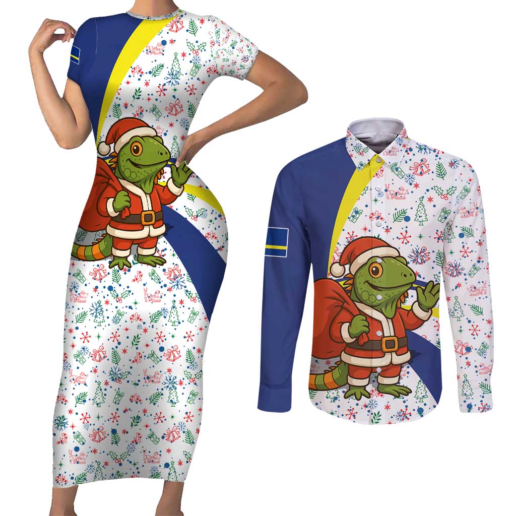 Curacao Christmas Couples Matching Short Sleeve Bodycon Dress and Long Sleeve Button Shirt with Santa Lizard Crown Gifts Snowflakes and Holiday Icons Design - Wonder Print Shop