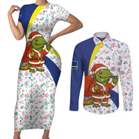 Curacao Christmas Couples Matching Short Sleeve Bodycon Dress and Long Sleeve Button Shirt with Santa Lizard Crown Gifts Snowflakes and Holiday Icons Design - Wonder Print Shop