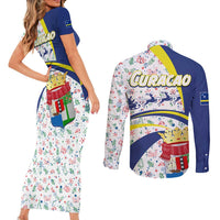 Curacao Christmas Couples Matching Short Sleeve Bodycon Dress and Long Sleeve Button Shirt with Santa Lizard Crown Gifts Snowflakes and Holiday Icons Design - Wonder Print Shop