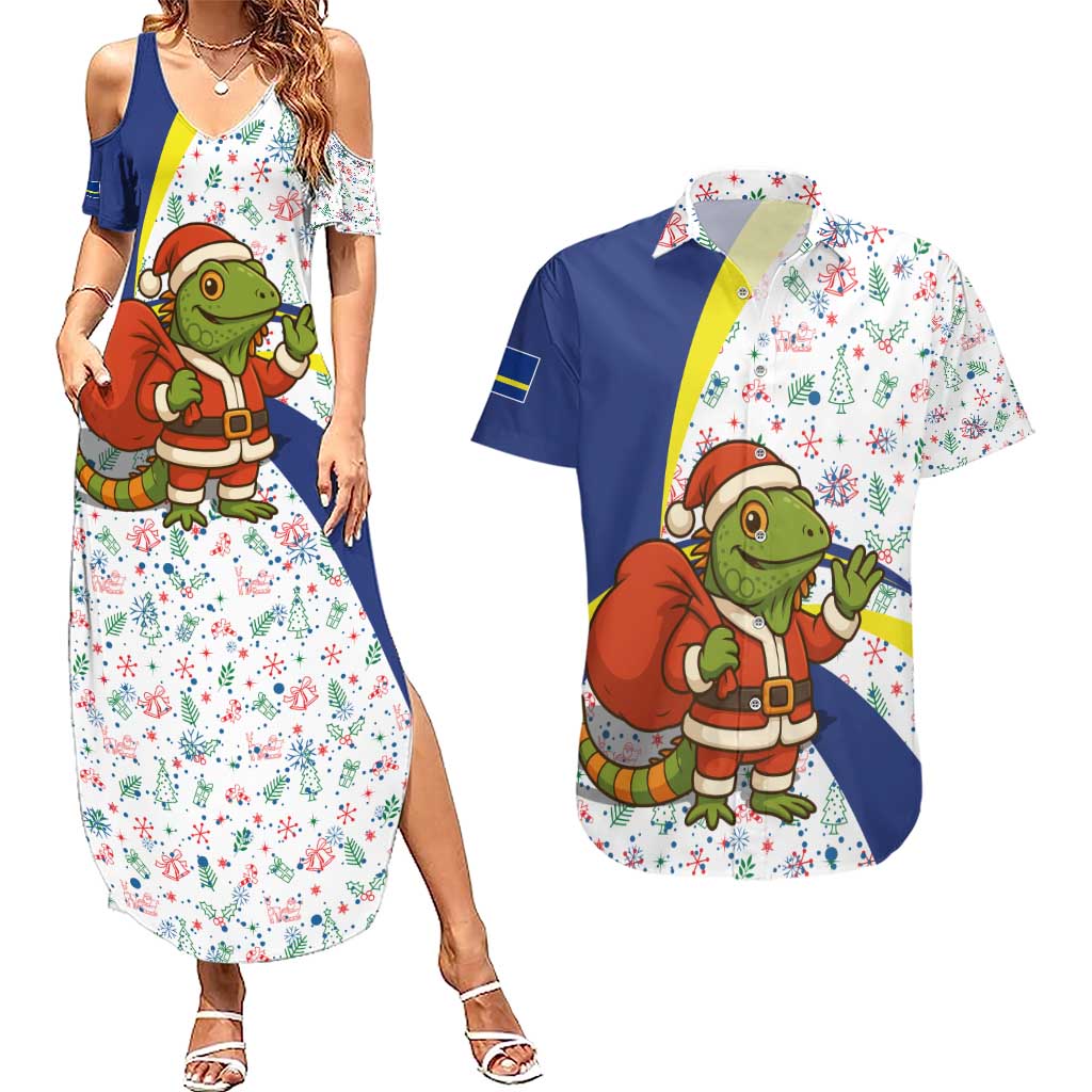 Curacao Christmas Couples Matching Summer Maxi Dress and Hawaiian Shirt with Santa Lizard Crown Gifts Snowflakes and Holiday Icons Design - Wonder Print Shop
