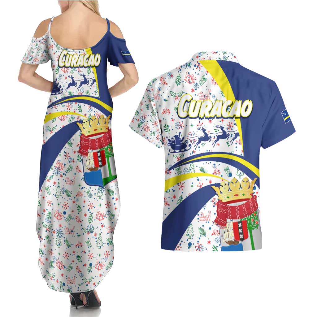 Curacao Christmas Couples Matching Summer Maxi Dress and Hawaiian Shirt with Santa Lizard Crown Gifts Snowflakes and Holiday Icons Design - Wonder Print Shop