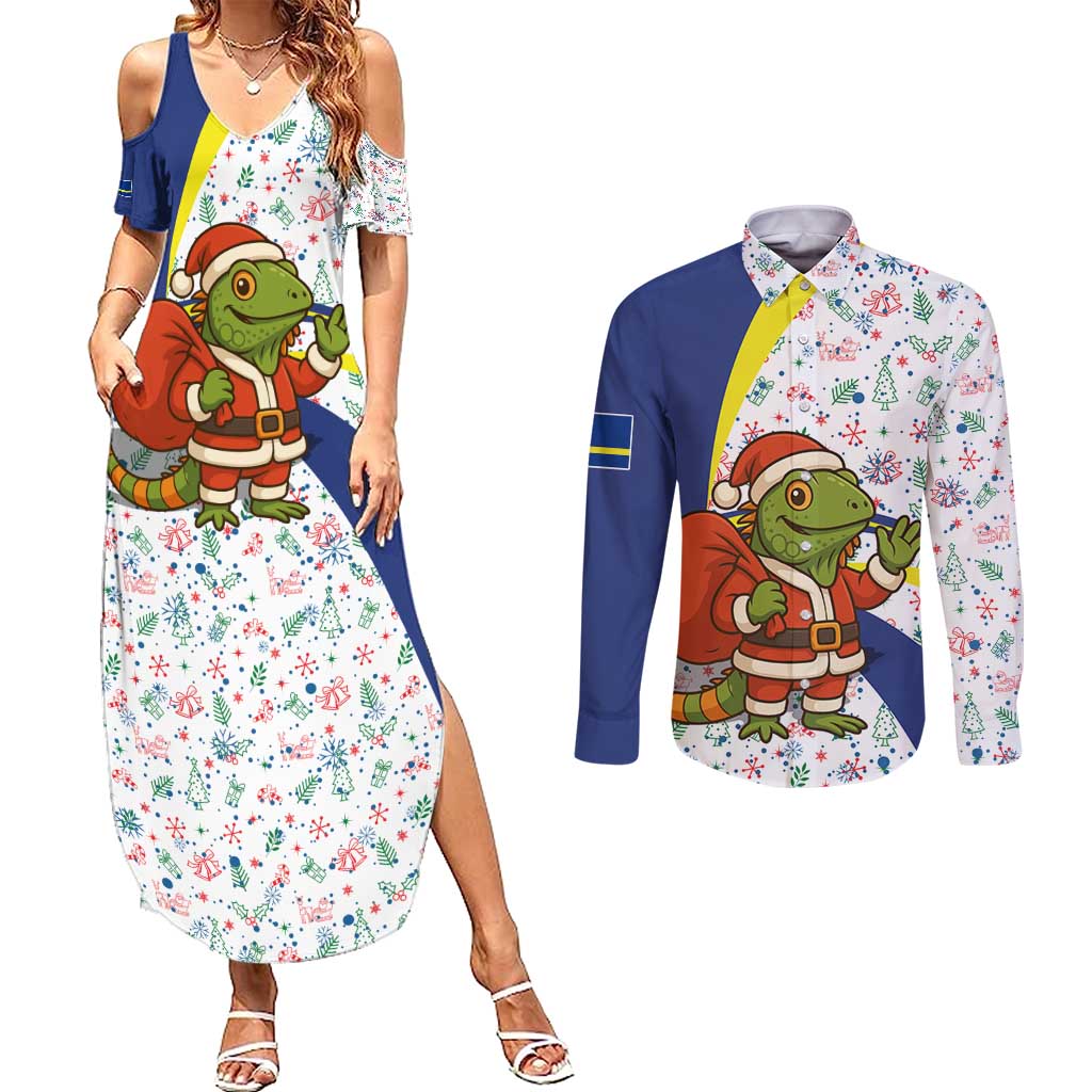 Curacao Christmas Couples Matching Summer Maxi Dress and Long Sleeve Button Shirt with Santa Lizard Crown Gifts Snowflakes and Holiday Icons Design - Wonder Print Shop