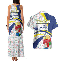 Curacao Christmas Couples Matching Tank Maxi Dress and Hawaiian Shirt with Santa Lizard Crown Gifts Snowflakes and Holiday Icons Design - Wonder Print Shop