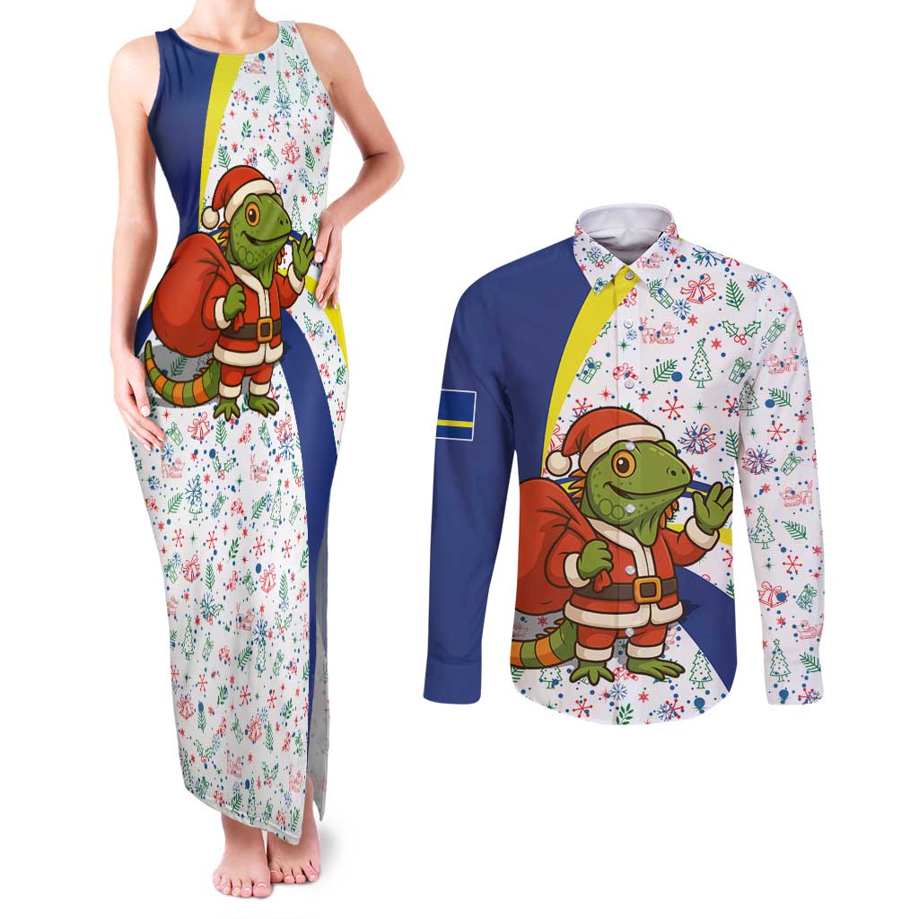 Curacao Christmas Couples Matching Tank Maxi Dress and Long Sleeve Button Shirt with Santa Lizard Crown Gifts Snowflakes and Holiday Icons Design - Wonder Print Shop