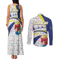 Curacao Christmas Couples Matching Tank Maxi Dress and Long Sleeve Button Shirt with Santa Lizard Crown Gifts Snowflakes and Holiday Icons Design - Wonder Print Shop