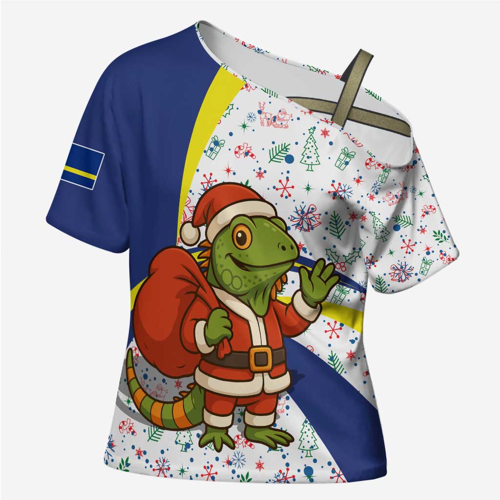 Curacao Christmas Cross Shoulder Shirt with Santa Lizard Crown Gifts Snowflakes and Holiday Icons Design - Wonder Print Shop