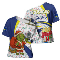 Curacao Christmas Cross Shoulder Shirt with Santa Lizard Crown Gifts Snowflakes and Holiday Icons Design - Wonder Print Shop