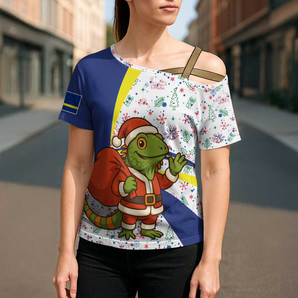 Curacao Christmas Cross Shoulder Shirt with Santa Lizard Crown Gifts Snowflakes and Holiday Icons Design - Wonder Print Shop