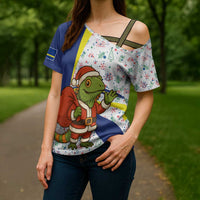 Curacao Christmas Cross Shoulder Shirt with Santa Lizard Crown Gifts Snowflakes and Holiday Icons Design - Wonder Print Shop