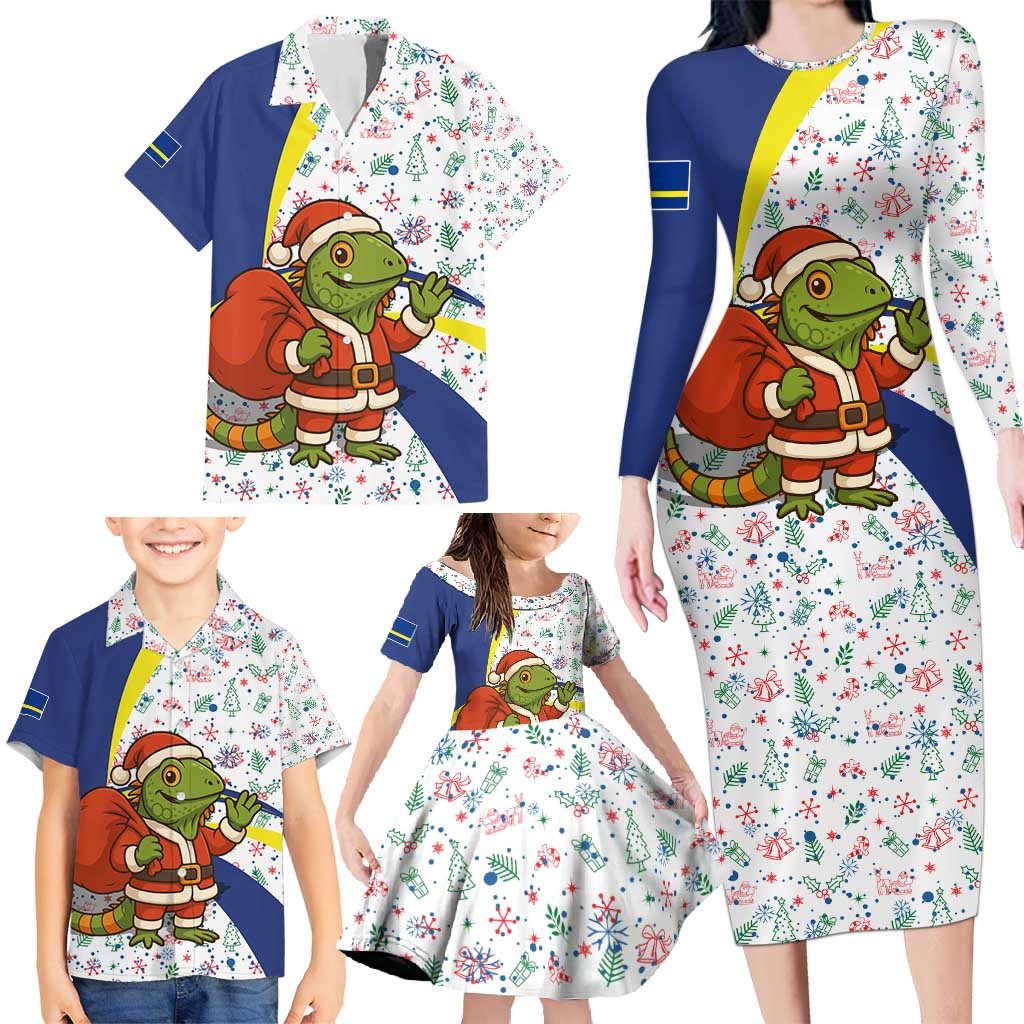 Curacao Christmas Family Matching Long Sleeve Bodycon Dress and Hawaiian Shirt with Santa Lizard Crown Gifts Snowflakes and Holiday Icons Design - Wonder Print Shop