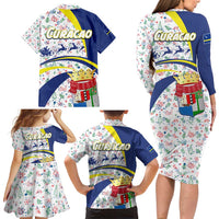 Curacao Christmas Family Matching Long Sleeve Bodycon Dress and Hawaiian Shirt with Santa Lizard Crown Gifts Snowflakes and Holiday Icons Design - Wonder Print Shop