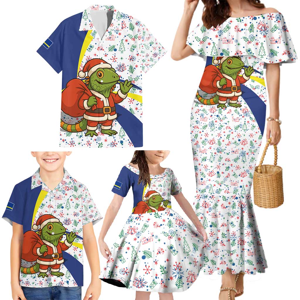 Curacao Christmas Family Matching Mermaid Dress and Hawaiian Shirt with Santa Lizard Crown Gifts Snowflakes and Holiday Icons Design - Wonder Print Shop