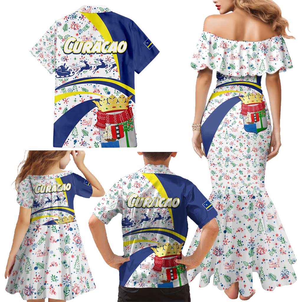 Curacao Christmas Family Matching Mermaid Dress and Hawaiian Shirt with Santa Lizard Crown Gifts Snowflakes and Holiday Icons Design - Wonder Print Shop